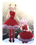  2girls anyoji_hime blonde_hair bow commentary do!_do!_do!_(love_live!) dress gradient_hair hair_bow highres holding holding_microphone kanduki_kamibukuro kneeling love_live! love_live!_hasu_no_sora_jogakuin_school_idol_club microphone mira-cra_park! multi-tied_hair multicolored_hair multiple_girls osawa_rurino pink_hair ponytail red_bow red_dress red_thighhighs short_dress thighhighs twintails untranslatable_commentary virtual_youtuber 
