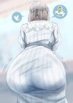  1girl absurdres ass ass_focus blue_ribbon braid commentary_request dress from_below gakuen_idolmaster grey_hair hair_ribbon half_up_braid heart highres idolmaster katsuragi_lilja ribbon ribbon_in_braid short_sleeves solo spoken_heart spoken_object striped_clothes striped_dress vertical-striped_clothes vertical-striped_dress wake_up!!_(idolmaster) white_dress yuzuyu_(hyui) 