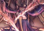  1girl armor armored_boots blue_coat boots chain chain_around_arm clothing_cutout coat commentary crossed_legs crown digimon digimon_(creature) digimon_story:_time_stranger double_blade english_commentary full_body glowing glowing_eyes gold_armor gold_chain gold_crown gold_helmet highres junomon junomon_hysteric_mode mask moscadomestica mouth_mask ninja_mask on_throne pants red_eyes sitting solo thigh_cutout thighs throne white_mask white_pants 