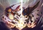  1boy 1girl armor attack belt black_belt black_pants black_shorts blue_hair blurry blurry_edges brown_cloak cloak commentary cracking_ground dodging duel foot_out_of_frame full_body gauntlets hair_ornament hair_tie highres holding holding_shield holding_sword holding_weapon jun_(navigavi) knee_armor long_hair looking_at_another looking_down looking_up lower_teeth_only motion_lines open_mouth orange_hair original pants pauldrons red_eyes shield shirt short_sleeves shorts shoulder_armor sword teeth tongue twintails upper_teeth_only weapon white_shirt 