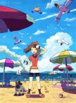  1girl :o ;o azumarill bandana beach beach_towel beach_umbrella bike_shorts black_gloves black_shorts black_socks blue_sky boat bottle brown_hair cloud commentary_request fanny_pack full_body gloves highres holding holding_bottle looking_to_the_side may_(pokemon) multicolored_gloves one_eye_closed open_mouth outdoors pelipper people pikachu poke_ball poke_ball_(basic) pokemon pokemon_ruby/sapphire/emerald poochyena red_bandana red_shirt red_shoes rowdon sailboat shirt shoes short_hair short_sleeves shorts sky smoke socks standing sweatdrop towel tuber_(pokemon) twitter_username two-tone_gloves umbrella volcano water_bottle watercraft whismur white_gloves wingull 