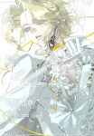  1boy absurdres bishounen blonde_hair blue_eyes bow bow_choker cape check_copyright chinese_commentary choker collared_shirt colored_eyelashes commentary_request commission copyright_request earrings eyes_visible_through_hair gloves highres holding holding_sword holding_weapon jewelry lapels light_particles lips long_sidelocks long_sleeves looking_to_the_side male_focus notched_lapels original parted_lips pectoral_cleavage pectorals rapier sample_watermark seyi_(xinjinjumin979388928859) shirt short_hair_with_long_locks sidelocks simple_background solo sparkle sword too_many_watermarks upper_body watermark wavy_hair weapon white_background white_cape white_gloves white_shirt yellow_bow yellow_choker 