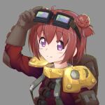  1girl absurdres adjusting_goggles ahoge akaza_akari backpack bag blush brown_background brown_gloves brown_hair closed_mouth commentary crack deep_rock_galactic double_bun english_commentary gloves goggles goggles_on_head grey_background hair_between_eyes hair_bun highres purple_eyes rectangular_eyewear short_hair simple_background smile solo split_mouth twintails_(mantids) yuruyuri 