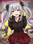  1girl black_shirt blonde_hair breasts collared_shirt colored_inner_hair commentary_request fate/grand_order fate_(series) flower gradient_hair grey_hair hair_flower hair_ornament highres long_hair looking_at_viewer marie_antoinette_(fate) marie_antoinette_alter_(fate) marie_antoinette_alter_(fgo_fes._2026)_(fate) medium_breasts multicolored_hair open_mouth red_skirt shirt short_sleeves sidelocks skirt smile solo tricky-tricky two_side_up white_hair yellow_eyes 