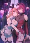  2girls apron blonde_hair breasts calm_mashiro cleavage commentary_request detached_sleeves dress gloves green_eyes large_breasts looking_at_viewer multiple_girls original panties panty_peek red_hair red_nails see-through_cleavage see-through_clothes side-tie_panties side_slit skindentation thick_thighs thighs tiara underwear white_apron yellow_eyes 