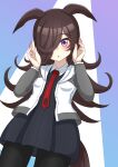  1girl absurdres animal_ears black_pantyhose blue_dress blush breasts brown_hair collared_dress commentary_request cosplay dress fate/grand_order fate_(series) flipped_hair hair_over_one_eye highres horse_ears horse_girl horse_tail jacket katsushika_yuki long_hair long_sleeves looking_at_viewer mash_kyrielight mash_kyrielight_(cosplay) necktie open_clothes open_jacket pantyhose parted_lips purple_eyes red_necktie rice_shower_(umamusume) solo tail umamusume white_jacket 