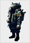  baggy_clothes boots border cable commentary_request diving_suit gloves grey_border helmet masahiro_ito object_head original oxygen_tank peace_symbol radio_antenna russian_text science_fiction single_horizontal_stripe solo_focus traditional_media white_background 