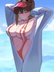  1girl absurdres animal_costume breasts brown_eyes brown_hair cleavage full_cleavage goddess_of_victory:_nikke high_ponytail highres huge_breasts keniseter long_hair marciana_(marine_study)_(nikke) marciana_(nikke) navel navel_piercing official_alternate_costume official_alternate_hairstyle open_onesie outdoors penguin_costume piercing ponytail red_slingshot_swimsuit red_visor_cap sky slingshot_swimsuit solo swimsuit visor_cap 