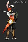  alice_in_wonderland animal_ears bunny_ears clock cosplay crimo emiya_shirou fate/stay_night fate_(series) holding holding_sword holding_weapon male_focus paw_shoes red_eyes red_hair reverse_grip shoes solo sword weapon white_rabbit white_rabbit_(cosplay) 