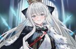 1girl absurdres black_bow black_cloak black_jacket blue_eyes blush bow braid breasts cloak collared_shirt commentary_request crown fate/grand_order fate_(series) fur-trimmed_cloak fur_trim grey_hair grin hair_bow highres jacket korean_commentary large_breasts long_hair long_sleeves looking_at_viewer morgan_le_fay_(academy_outfit)_(fate) morgan_le_fay_(fate) neck_ribbon okchun ribbon shirt sidelocks smile solo very_long_hair white_shirt 