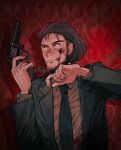  1boy black_hair black_jacket blood blood_on_face closed_mouth commentary_request facial_hair goatee gun hand_hair handgun highres jacket jigen_daisuke licking_lips long_sleeves lupin_iii male_focus mi_(rokudenashi) necktie red_background short_hair solo tongue tongue_out weapon 