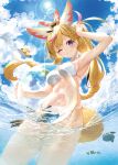  1girl ;) absurdres animal_ear_fluff animal_ears animal_on_head arm_up armpits ball beachball bikini black_streaks blonde_hair blue_sky breasts closed_mouth cloud comiket_108 commentary_request day fox_ears fox_girl fox_tail halterneck heart heart-shaped_pupils highres holding holding_ball holding_beachball hololive kou_mashiro long_hair looking_at_viewer medium_breasts multicolored_hair official_artist_extra omaru_polka on_head one_eye_closed outdoors partially_underwater_shot pink_streaks ponytail purple_eyes sky smile solo streaked_hair string_bikini sun swept_bangs swimsuit symbol-shaped_pupils tail triangle_bikini_top virtual_youtuber wading white_bikini zain_(omaru_polka) 
