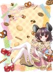  1girl :q absurdres alternate_costume alternate_eye_color alternate_hair_color animal_ear_fluff animal_ears apron artist_name basket brown_eyes brown_hair checkerboard_cookie chocolate_chip_cookie closed_mouth commission commissioner_name cookie dress english_commentary food food_request frilled_dress frills high_heels highres holding holding_cookie holding_food ikura_onigiri looking_at_viewer mouse_ears mouse_girl mouse_tail nazrin neck_ribbon pantyhose pink_dress plaid_clothes plaid_dress red_shoes ribbon second-party_source shoes skeb_commission smile solo tail tongue tongue_out touhou waist_apron white_apron white_pantyhose wrist_cuffs yellow_wrist_cuffs 
