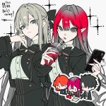  2girls absurdres baobhan_sith_(fate) blue_eyes braid cellphone chibi chibi_inset commentary_request cup fate/grand_order fate_(series) fujimaru_ritsuka_(female) fujimaru_ritsuka_(male) grey_eyes hair_between_eyes highres holding holding_cup holding_phone long_hair looking_at_viewer mochizuki_kei morgan_le_fay_(fate) mother_and_child mother_and_daughter multiple_girls nail_polish official_artist_extra parent_and_child phone pink_hair pink_nails pointy_ears smartphone white_hair 