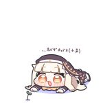  1girl :3 black_dress blonde_hair blush chibi chibi_only commentary_request dress full_body highres long_hair long_sleeves lying nun on_stomach open_mouth orange_eyes plant simple_background smile solo speaki_(trickcal) sprout syurikenmaru trickcal white_background 