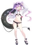  absurdres bibi_(tokoyami_towa) bikini black_bikini commentary_request demon_girl demon_tail earrings eyewear_on_head fingernails green_eyes green_nails highres hololive hood hooded_jacket innertube jacket jewelry nekonosuke open_mouth purple_hair purple_nails sandals sunglasses swim_ring swimsuit tail teeth thighs tokoyami_towa twintails upper_teeth_only virtual_youtuber white_background 