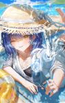  1girl absurdres amamiya_kokoro amamiya_kokoro_(7th_costume) beach bikini bikini_under_clothes black_bikini blue_hair collarbone commentary_request fang feet_up hat highres holding holding_water_gun innertube kouchanthree lying medium_hair nijisanji on_stomach one_eye_closed open_mouth outdoors shirt skin_fang solo straw_hat sun_hat swim_ring swimsuit the_pose virtual_youtuber water_gun white_shirt yellow_eyes 