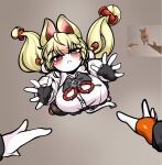  2girls :< alice_thymefield animal_ears belle_(zenless_zone_zero) black_gloves blonde_hair blush breasts brown_background catching commentary_request female_pov fingerless_gloves floating_hair gloves hair_ornament heterochromia highres korean_commentary large_breasts long_hair looking_at_viewer low_twintails multiple_girls orange_gloves photo-referenced pov pov_hands rabbit_ears rabbit_girl red_eyes reference_inset shirt simple_background single_fingerless_glove single_glove sphere_hair_ornament twintails uncolorcube white_shirt yellow_eyes zenless_zone_zero 