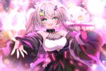  1girl aqua_eyes belt_collar black_collar blonde_hair breasts collar earrings fangs hair_ornament holding holding_microphone jewelry liacon_(rinkou_ashelia) lightning_bolt_earrings lightning_bolt_symbol merchandise_available microphone multicolored_hair official_art open_mouth phase_connect pilokey pink_nails pink_streaks reaching reaching_towards_viewer rinkou_ashelia rinkou_ashelia_(lia_2.0) second-party_source star_(symbol) star_hair_ornament streaked_hair twintails virtual_youtuber 