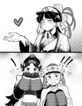  1boy 2girls ^_^ absurdres blowing_kiss blush chinstrap closed_eyes commentary earrings fur_trim greyscale hand_up hands_up hat hat_feather heart highres hile_lawrence husband_and_wives jewelry kirgistani_(tenmaku_no_jaadugar) long_hair long_sleeves looking_at_viewer moge_(tenmaku_no_jaadugar) mongolian_clothes monochrome multiple_girls ogedei_(tenmaku_no_jaadugar) open_clothes polygamy robe sleeves_past_fingers sleeves_past_wrists tenmaku_no_jaadugar upper_body wide_sleeves 