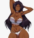  1girl absurdres armpits arms_behind_back bleach bra breasts choker cleavage commentary dark-skinned_female dark_skin english_commentary expressionless frilled_choker frills highres huge_breasts long_hair looking_at_viewer navel open_mouth panties purple_hair shihouin_yoruichi simmsy simple_background solo stomach underwear underwear_only white_background white_bra white_panties yellow_eyes 