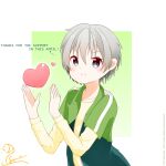  1boy blue_eyes blush border closed_mouth commentary english_commentary gradient_background green_background green_jacket grey_hair hands_up heart heart_floating_above_hand highres j_puter jacket layered_sleeves long_sleeves looking_at_viewer male_focus outside_border short_hair short_over_long_sleeves short_sleeves sidelocks signature smile solo thank_you totsuka_saika track_jacket trap upper_body variant_set white_border yahari_ore_no_seishun_lovecome_wa_machigatteiru. 