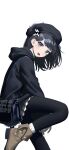  1girl :d absurdres arknights arknights:_endfield bag beret black_hat black_jacket black_pantyhose black_skirt chinese_commentary commentary_request endministrator_(arknights) female_endministrator_(arknights) from_side green_eyes handbag hat highres hood hood_down hooded_jacket jacket knee_up medium_hair open_mouth pantyhose pleated_skirt rui_(rei_leyi) simple_background skirt smile solo white_background 
