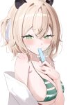  1girl absurdres animal_ears bikini blonde_hair blush breasts food food_in_mouth green_bikini green_eyes hair_between_eyes highres indie_virtual_youtuber large_breasts looking_at_viewer miname_(miname21) mouth_hold nimi_nightmare one_side_up popsicle popsicle_in_mouth sideboob solo swimsuit tapir_ears tapir_girl virtual_youtuber white_background 