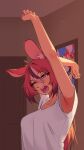  1girl alternate_hairstyle animal_ear_fluff animal_ears arm_behind_head armpit_focus armpits arms_up black_hair black_streaks blue_eyes blush breasts bright_pupils commentary door double-parted_bangs english_commentary from_side hair_between_eyes hakos_baelz half-closed_eye highres hololive hololive_english indoors kraeyan long_hair medium_breasts mouse_ears mouse_girl multicolored_hair one_eye_closed picture_frame red_hair sharp_teeth shirt streaked_hair stretching teeth virtual_youtuber white_hair white_shirt yawning 