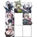  1boy 5girls :d absurdres animal_ear_fluff animal_ears arknights ascot bare_shoulders black_choker black_collar black_gloves black_jacket black_sports_bra bodystocking breasts cat_ears choker cleavage closed_eyes collar collarbone commentary_request demon_girl demon_horns dress fingerless_gloves gladiia_(arknights) gloves green_dress green_eyes green_hair grey_hair hair_over_one_eye head_wings highres holding horns jacket jewelry kal'tsit_(arknights) korean_commentary large_breasts long_hair looking_at_viewer mask mouth_mask mudrock_(arknights) mudrock_(elite_ii)_(arknights) multiple_drawing_challenge multiple_girls ness_(pjw0168) open_mouth own_hands_together parted_lips pointy_ears raidian_(arknights) red_eyes red_hair red_nails short_hair smile sports_bra teeth ulpianus_(arknights) unfinished upper_body w_(arknights) white_ascot white_background white_hair wings 