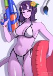  1girl absurdres bikini blunt_bangs borrowed_character bracelet breasts collarbone colored_skin commentary commission cowboy_shot demon_girl demon_horns drop_shadow english_commentary eyelashes flower grin hair_flower hair_ornament highres holding holding_swim_ring holding_water_gun horns jewelry leaf medium_hair navel neet_kun01 original pointy_ears purple_eyes purple_hair purple_skin shiny_skin side-tie_bikini_bottom skin-covered_horns small_horns smile solo stomach swim_ring swimsuit tail teeth vgen_commission water_gun white_bikini yellow_flower 