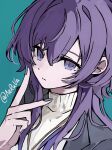  1girl absurdres aeruva alternate_hair_length_(longer) aqua_background artist_name asahina_mafuyu black_jacket blue_eyes chinese_commentary closed_mouth commentary_request empty_eyes expressionless fingernails hand_up highres jacket jewelry lapels long_fingernails long_hair looking_at_viewer multicolored_eyes nail_polish necklace official_alternate_costume official_alternate_hairstyle open_clothes open_jacket portrait project_sekai purple_eyes purple_hair purple_nails simple_background solo split_mouth sweater turtleneck turtleneck_sweater two-tone_eyes v white_sweater zozotown 
