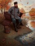  1boy alexander_iii autumn autumn_leaves beard black_boots black_coat blue_pants boots brown_hair bucket coat facial_hair falling_leaves fishing fishing_rod full_beard fur_hat hand_in_pocket hat highres holding holding_fishing_rod knee_boots leaf male_focus mustache pants papakha piccoladuce pond real_life river russian_commentary russian_empire short_hair solo very_short_hair 