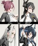  4girls absurdres alternate_costume asymmetrical_horns bahamut_(nikke) behemoth_(nikke) black_hair black_horns black_jacket black_necktie breasts bucho_sama character_name collared_shirt commentary english_commentary four_beasts_(nikke) goddess_of_victory:_nikke green_eyes grey_background grey_hair highres horns jacket leviathan_(nikke) multiple_girls necktie pointy_ears ponytail purple_hair red_eyes school_uniform shirt white_shirt ziz_(nikke) 