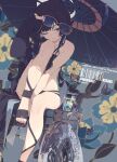  1girl absurdres bare_shoulders bikini black_bikini black_coat black_hair blue_archive blush braid breasts butterfly_hair_ornament coat commentary_request cup grey_eyes hair_ornament halo highres innertube kisaki_(blue_archive) kisaki_(swimsuit)_(blue_archive) long_hair long_sleeves looking_at_viewer off_shoulder ogipote oil-paper_umbrella one_eye_closed sandals small_breasts solo sunglasses swim_ring swimsuit thighs umbrella 