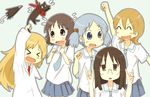  &gt;_&lt; ^_^ aioi_yuuko bird black_eyes black_hair blonde_hair blue_eyes blue_hair brown_hair cat closed_eyes crow crow_(nichijou) flying_sweatdrops glasses hair_cubes hair_ornament highres labcoat long_hair minakami_mai multiple_girls naganohara_mio necktie nichijou nobinonki open_mouth outline professor_shinonome sakamoto_(nichijou) scarf school_uniform shinonome_nano short_hair smile tokisadame_school_uniform twintails 