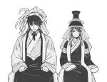  1boy 1girl absurdres boqta chinstrap closed_mouth commentary_request cowboy_shot frown greyscale hat highres husband_and_wife jewelry korean_commentary long_hair long_sleeves mongolian_clothes monochrome natasha_thetis ogedei_(tenmaku_no_jaadugar) open_clothes robe short_hair simple_background sitting sleeves_past_wrists tenmaku_no_jaadugar toregene_(tenmaku_no_jaadugar) veil 