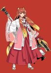  1girl animal_ear_fluff animal_ears bad_id bad_pixiv_id blonde_hair breasts brown_hair brown_sandals chihaya_(clothing) colored_tips double-parted_bangs flip-flops full_body gradient_hair hair_between_eyes hakama hakama_skirt hammer haori highres holding holding_hammer japanese_clothes kimono long_hair medium_breasts minami_seira multicolored_hair neck_tassel official_art open_haori promotional_art raccoon_ears raccoon_girl raccoon_tail raph-chan_ii_(tate_no_yuusha_no_nariagari) red_background red_eyes red_hakama red_skirt sandals see-through_haori simple_background skirt smile socks solo standing tabi tail tanuki tassel tate_no_yuusha_no_nariagari war_hammer weapon white_haori white_kimono white_socks 