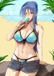  1girl abs beach bikini bikini_bottom_under_shorts bikini_under_clothes black_shorts blue_bikini blue_hair blush breasts cleavage clothes_pull commentary commission cowboy_shot day eiyuu_densetsu english_commentary floral_print floral_print_bikini food food_in_mouth front-tie_bikini_top front-tie_top gradient_bikini green_bikini highres holding holding_food holding_popsicle large_breasts laura_s._arseid long_hair multicolored_bikini navel ocean official_alternate_costume one_eye_closed outdoors ponytail popsicle popsicle_in_mouth print_bikini sen_no_kiseki_(series) sen_no_kiseki_iv short_shorts shorts shorts_pull solo standing sweat swimsuit two-tone_bikini vialnite yellow_eyes 