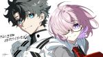  1boy 1girl ahoge anniversary artist_name black_hair blue_eyes cardigan closed_mouth commentary_request fate/grand_order fate_(series) fujimaru_ritsuka_(male) fujimaru_ritsuka_(male)_(decisive_battle_chaldea_uniform) glass grey_cardigan highres jacket looking_at_viewer mash_kyrielight messy_hair multiple_boys necktie one_eye_covered portrait purple_eyes purple_hair red_necktie shi_draco shirt short_hair simple_background white_background white_jacket white_shirt 
