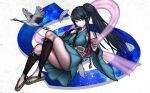  1girl alternate_costume alternate_hairstyle aqua_dress bare_shoulders bird bird_request blue_eyes blue_hair brown_sandals closed_mouth commentary_request danganronpa:_trigger_happy_havoc danganronpa_(series) dress eyelashes feathers full_body hair_ornament hairclip highres komatsuzaki_rui_(style) long_hair maizono_sayaka official_style parody pink_ribbon pink_sash ribbon ryuuhou_(urs87) sandals sash side_ponytail smile socks solo style_parody toe_socks toeless_legwear very_long_hair white_socks 