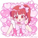  1girl :d balloon blunt_bangs blush_stickers border bow choker collarbone commentary_request cropped_torso dated hair_bow harune_aira heart heart_balloon high_side_ponytail highres looking_at_viewer one-hour_drawing_challenge open_mouth pink_background pink_bow pink_choker pink_shirt pretty_rhythm pretty_rhythm_aurora_dream pretty_series red_eyes red_hair shirt side_ponytail smile solo sparkle straight-on usaaya white_border wrist_bow 