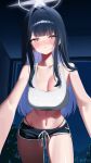  1girl absurdres bare_shoulders black_hair black_shorts blue_archive blue_eyes blue_hair blue_halo blush breasts cleavage closed_mouth colored_inner_hair commentary dolphin_shorts hair_intakes halo highres large_breasts leavv long_hair looking_at_viewer multicolored_hair navel night saori_(blue_archive) short_shorts shorts solo sports_bra white_sports_bra 