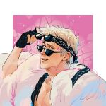  1boy bandana barbie_(franchise) barbie_(live_action) black_bandana black_gloves blonde_hair blue_eyes coat commentary fur-trimmed_coat fur_trim gloves highres ianer ken_(barbie) male_focus messy_hair open_clothes round_eyewear smile solo sunglasses untranslatable_commentary 