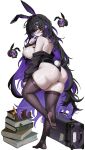  1girl absurdres animal_ears ass banana_peel black_cardigan black_hair black_leotard book book_stack breasts brown_thighhighs cardigan cardigan_partially_removed colored_inner_hair drooling fake_animal_ears fake_tail floating_skull full_body glasses goddess_of_victory:_nikke hair_intakes hair_over_one_eye highres huge_ass huge_breasts label_(nikke) leotard long_hair long_sleeves looking_at_viewer looking_back mole mole_on_breast mouth_drool multicolored_hair open_mouth purple_eyes purple_hair rabbit_ears rabbit_tail shiny_skin sideboob simple_background skindentation small_chair_(xiaosaiyi33818) soles solo standing standing_on_one_leg suitcase sweat tail thick_thighs thighhighs thighs very_long_hair white_background wide_hips 