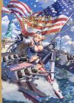  1776 1girl 2026 absurdres american_flag american_flag_legwear american_flag_print asymmetrical_legwear blonde_hair blue_eyes blue_panties breasts cleavage commentary confetti elbow_gloves english_commentary english_text flag flag_print fourth_of_july front-tie_top garter_straps gloves hair_between_eyes headgear highres holding holding_flag iowa_(kancolle) kantai_collection large_breasts long_hair looking_at_viewer mismatched_legwear new_york_city one_world_trade_center open_mouth panties rigging skirt smile star-shaped_pupils star_(symbol) statue_of_liberty striped_clothes striped_skirt striped_thighhighs symbol-shaped_pupils thighhighs tomahawk_missile underwear vertical-striped_clothes vertical-striped_skirt vertical-striped_thighhighs victory_(dog) ye_fan 