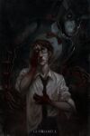  1boy adjusting_eyewear animal_ears animal_hood animatronic artist_name black_necktie black_pants blood blood_on_clothes blood_on_face blood_on_hand bon_the_rabbit bow bowtie brown_hair commentary dark dark_background detached_collar english_commentary felix_kranken glasses glorianell_art hand_on_eyewear hand_on_own_face highres hood horror_(theme) looking_at_viewer male_focus necktie pants rabbit_ears rabbit_hood red_bow red_bowtie shirt short_hair sleeves_rolled_up teeth the_walten_files white_shirt 