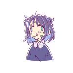  1girl blue_hair blue_shirt cho_kaguya-hime! commentary cone_hair_bun face_of_the_people_who_sank_all_their_money_into_the_fx_(meme) green_eyes hair_bun headphones headphones_around_neck implied_yuri lipstick_mark meme open_mouth sakayori_iroha sakayori_iroha_(wego) sher_(imnotsher) shirt simple_background solo white_background 