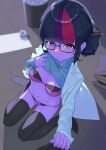  absurdres alternate_skin_color animification black_thighhighs blush book book_stack bra breasts clothes_lift clothes_pull colored_skin commentary_request dekasuji glasses hair_bun highres lab_coat medium_breasts multicolored_hair my_little_pony my_little_pony:_equestria_girls my_little_pony:_friendship_is_magic navel panties pants pants_pull pencil_in_hair pink_hair purple_bra purple_eyes purple_hair purple_panties purple_skin short_hair shy sitting streaked_hair sweater sweater_lift thighhighs trash_can turtleneck turtleneck_sweater twilight_sparkle twilight_sparkle_(human) underwear wariza 