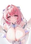  1girl absurdres ascot bare_shoulders bent_over blush breasts cleavage closed_mouth commentary_request dress feathered_wings flan_ling hair_intakes hair_ornament hair_ribbon hairclip highres huge_breasts leaning_forward looking_at_viewer medium_hair mole mole_on_breast pink_eyes pink_hair pink_lips purple_ascot purple_ribbon remielle_dan ribbon simple_background solo tassel thighhighs thighs white_background white_dress white_ribbon white_sleeves white_thighhighs white_wings wings zenless_zone_zero 
